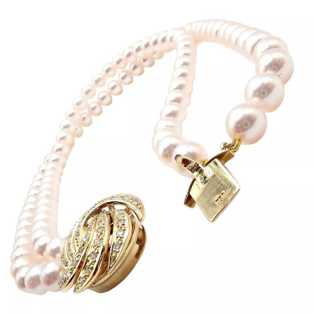 Authentic! Mikimoto 18k Yellow Gold Diamond Double Strand 8mm Pearl Necklace - Picture 14 of 16
